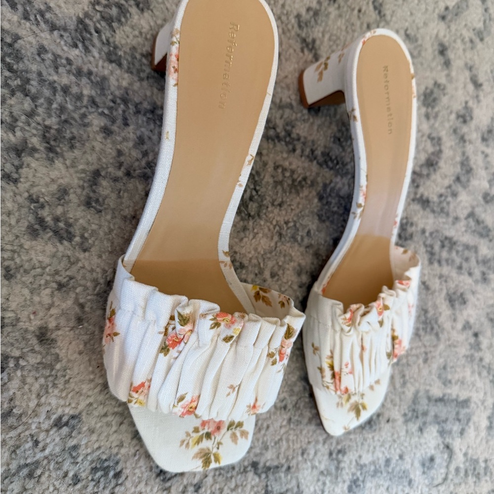 Reformation Floral Cream Heeled Sandals